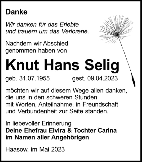 Danksagung Knut Hans Selig