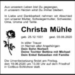 Traueranzeige Christa Mühle