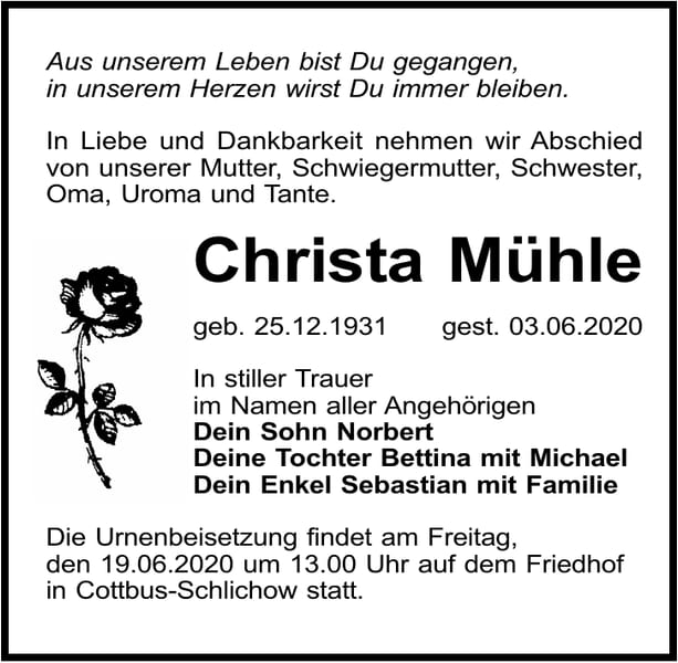 Traueranzeige Christa Mühle
