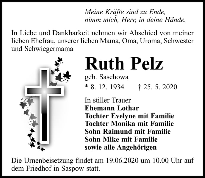 Traueranzeige Ruth Pelz, geb. Saschowa