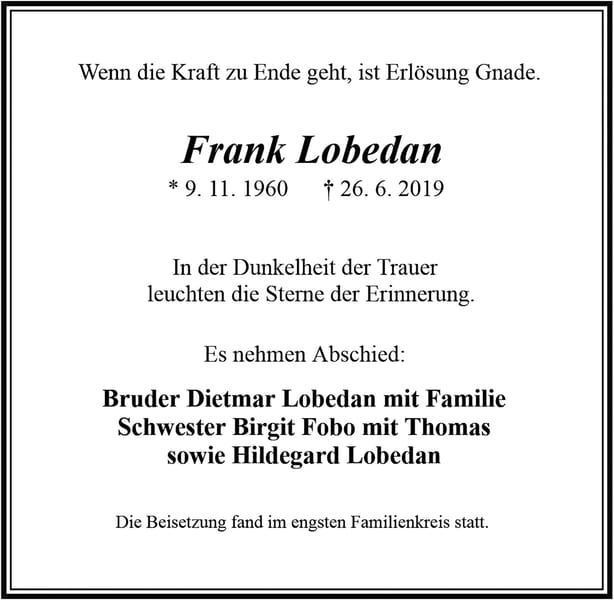 Traueranzeige Frank Lobedan