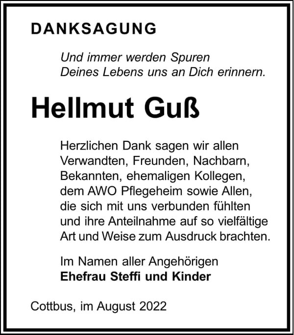 Danksagung Hellmut Guß