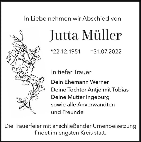Traueranzeige Jutta Müller