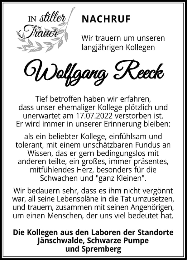 Nachruf Wolfgang Reeck