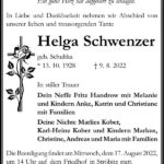 Traueranzeige Helga Schwenzer, geb. Schultka
