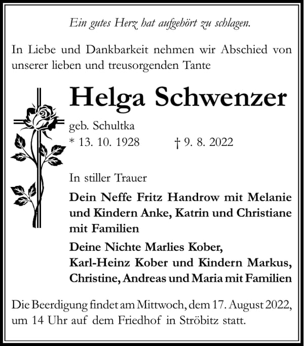Traueranzeige Helga Schwenzer, geb. Schultka