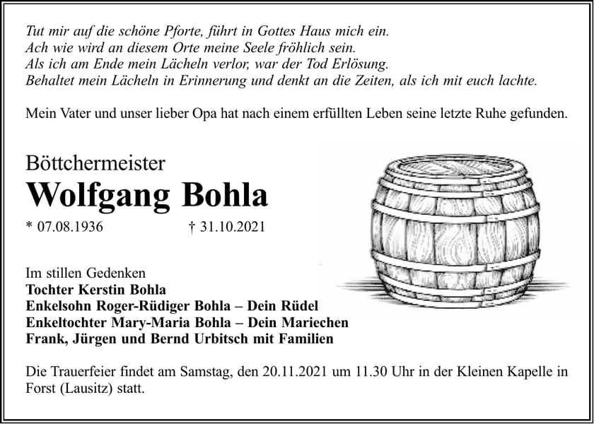 Traueranzeige Wolfgang Bohla