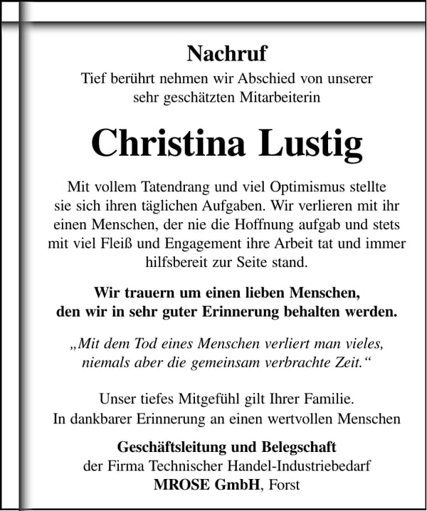Traueranzeige Christina Lustig