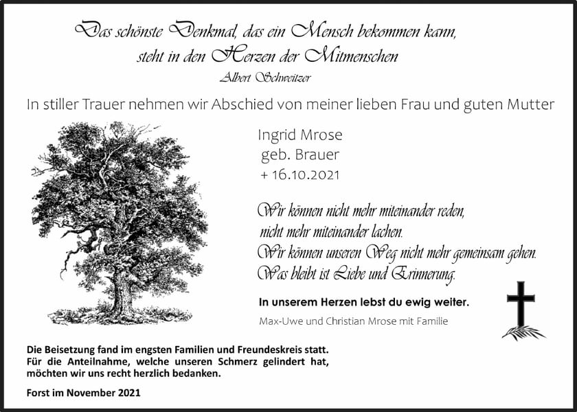 Traueranzeige Ingrid Mrose, geb. Brauer