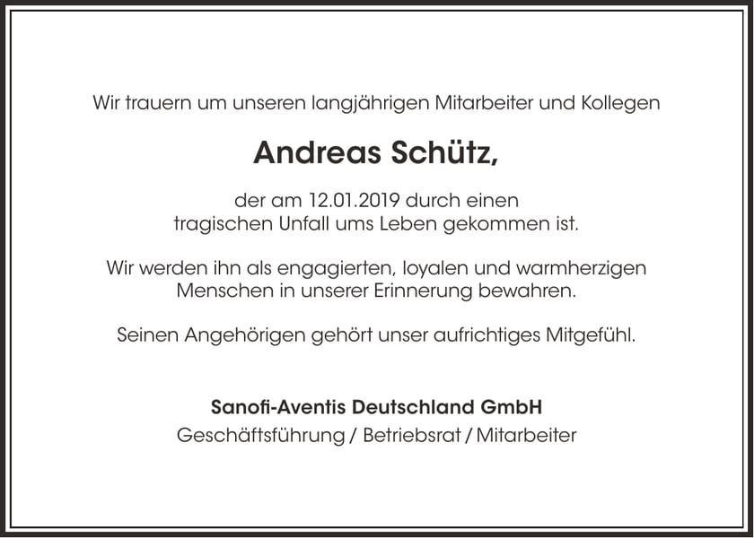 Traueranzeige Andreas Schütz
