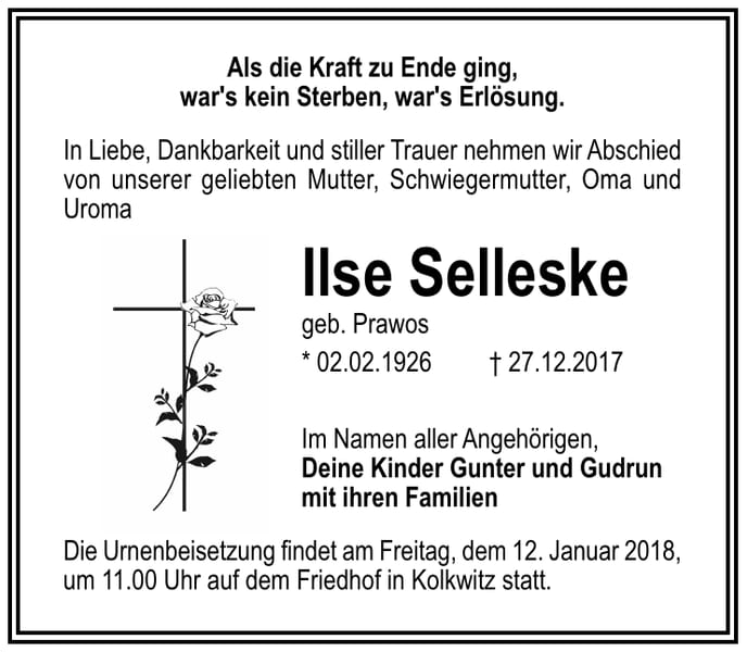 Traueranzeige Ilse Selleske, geb. Prawos