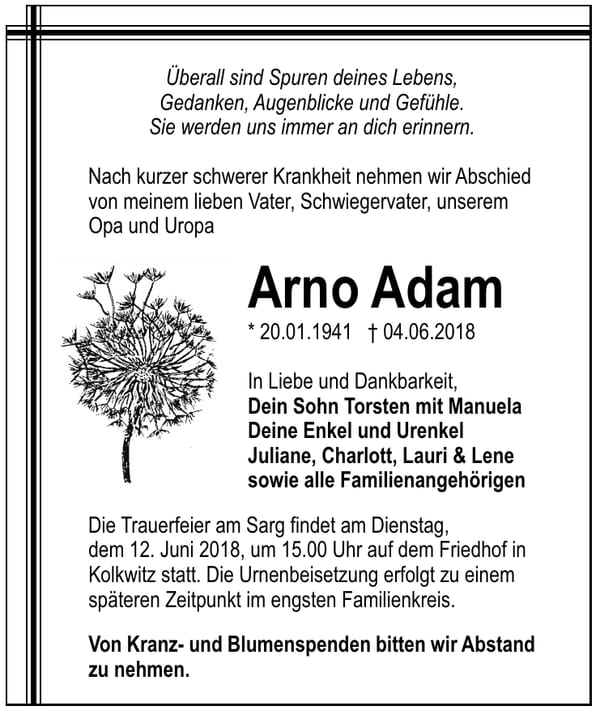 Traueranzeige Arno Adam
