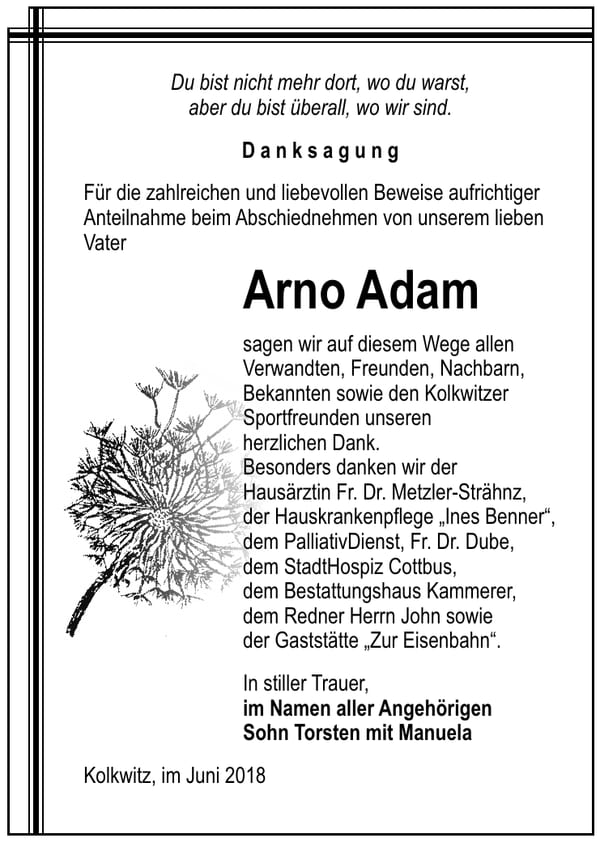 Danksagung Arno Adam
