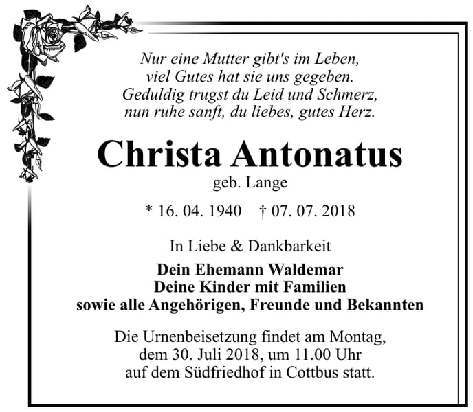 Traueranzeige Christa Antonatus, geb. Lange