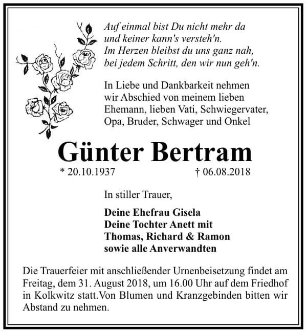 Traueranzeige Günter Bertram