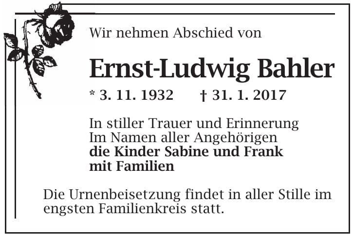 Traueranzeige Ernst-Ludwig Bahler