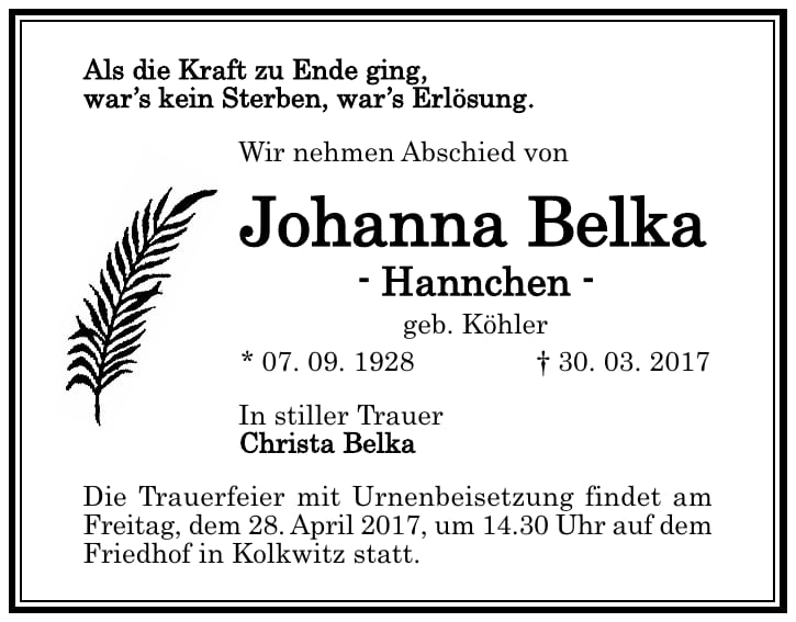 Traueranzeige Johanna Belka, geb. Köhler