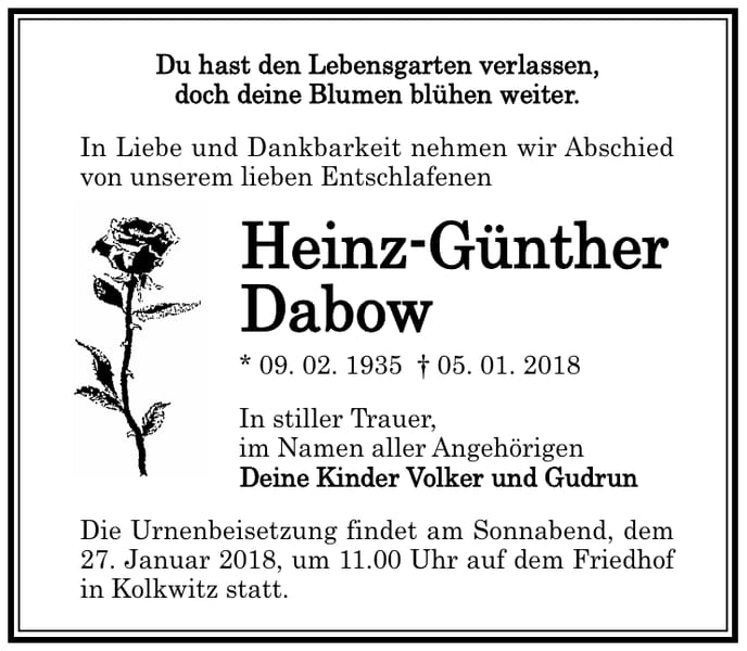 Traueranzeige Heinz-Günther Dabow