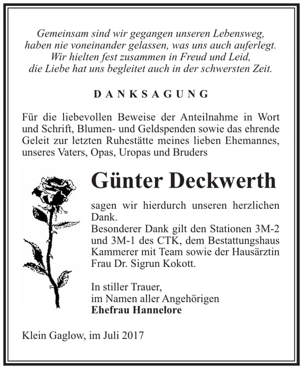 Danksagung Günter Deckwerth