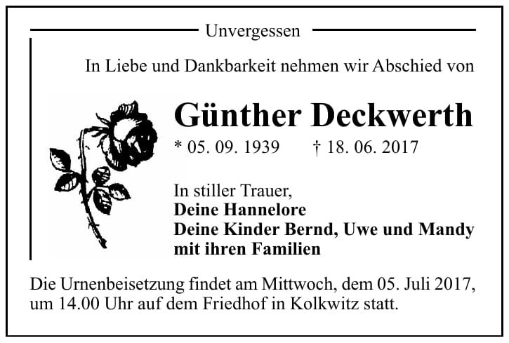 Traueranzeige Günther Deckwerth