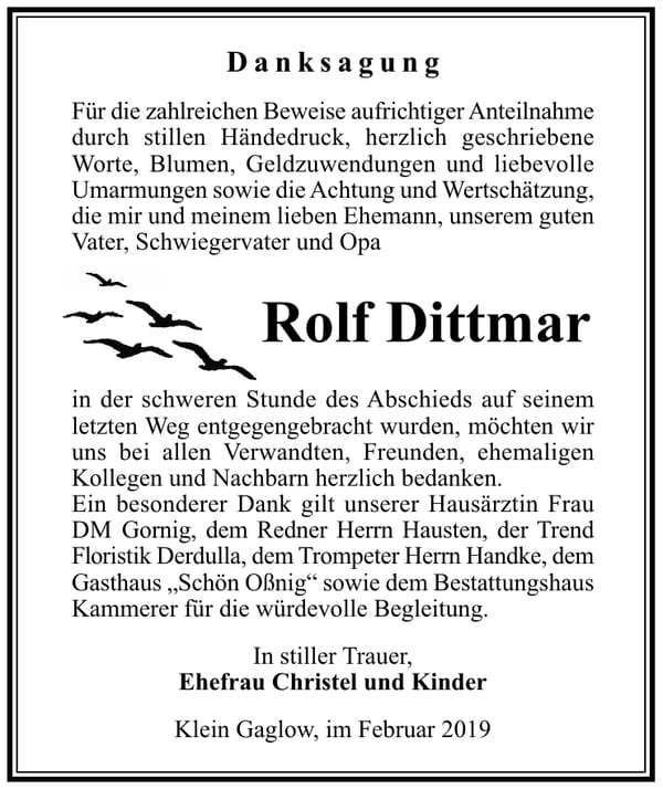 Traueranzeige Rolf Dittmar