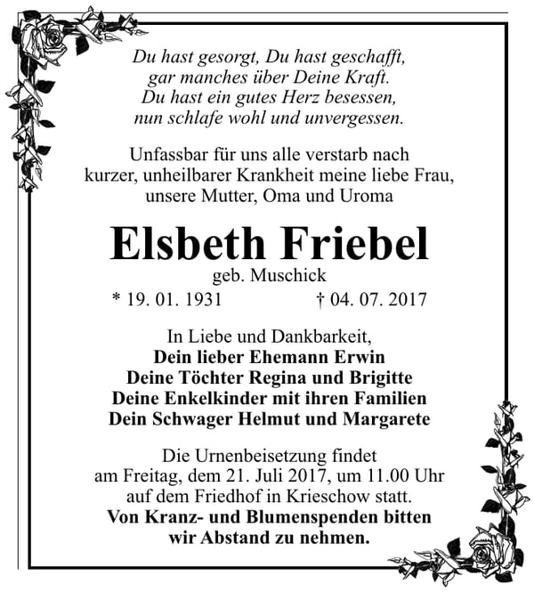 Traueranzeige Elsbeth Friebel, geb. Muschick
