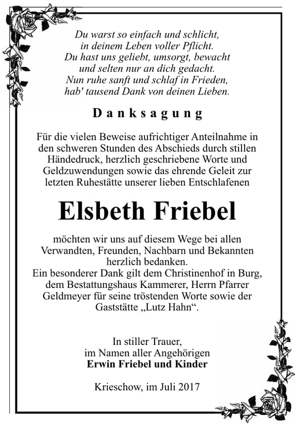 Danksagung Elsbeth Friebel