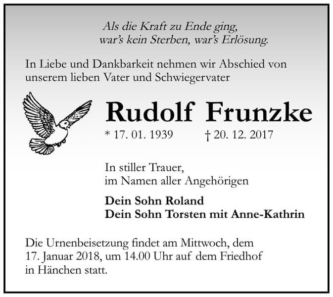 Traueranzeige Rudolf Frunzke