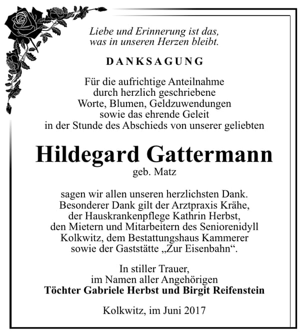 Danksagung Hildegard Gattermann, geb. Matz