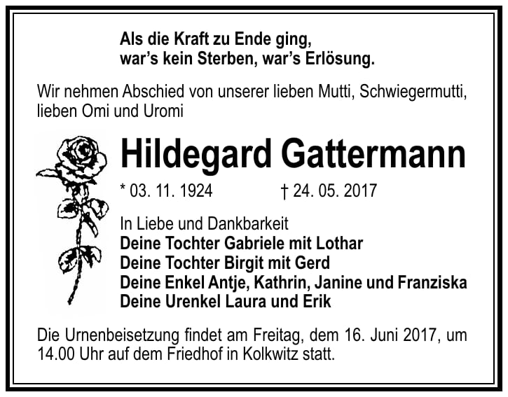 Traueranzeige Hildegard Gattermann