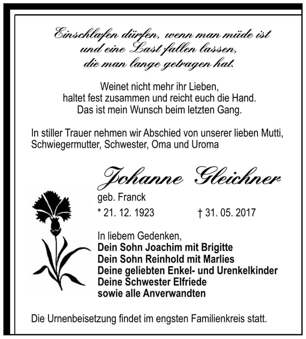 Traueranzeige Johanne Gleichner, geb. Franck