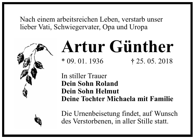 Traueranzeige Artur Günther