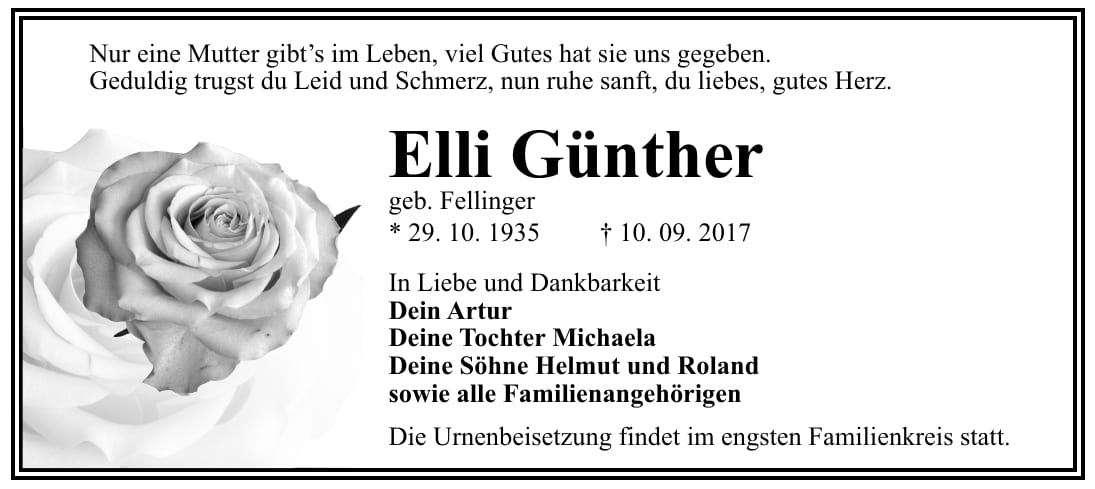 Traueranzeige Elli Günther, geb. Fellinger