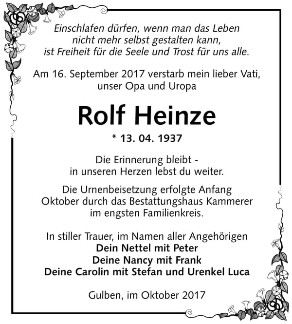 Traueranzeige Rolf Heinze