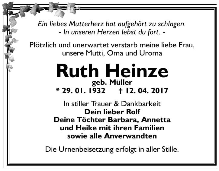 Traueranzeige Ruth Heinze, geb. Müller
