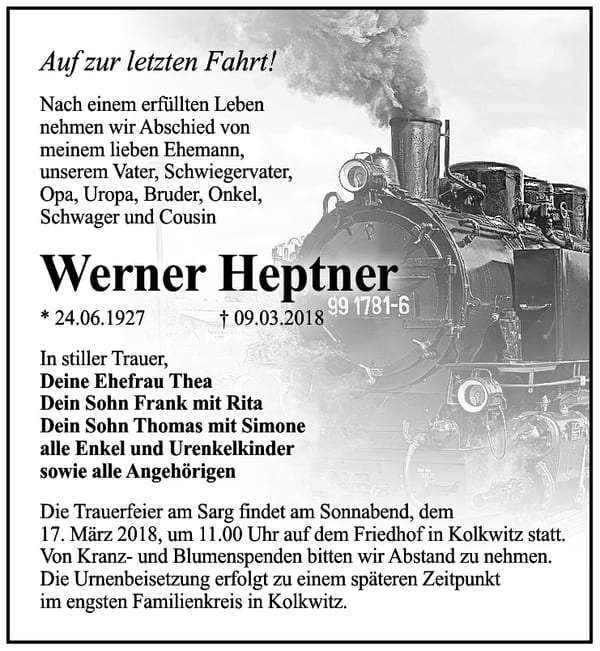 Traueranzeige Werner Heptner