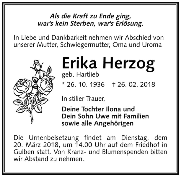 Traueranzeige Erika Herzog, geb. Hartlieb