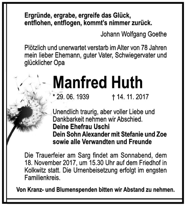 Traueranzeige Manfred Huth