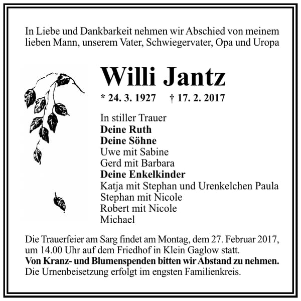 Traueranzeige Willi Jantz