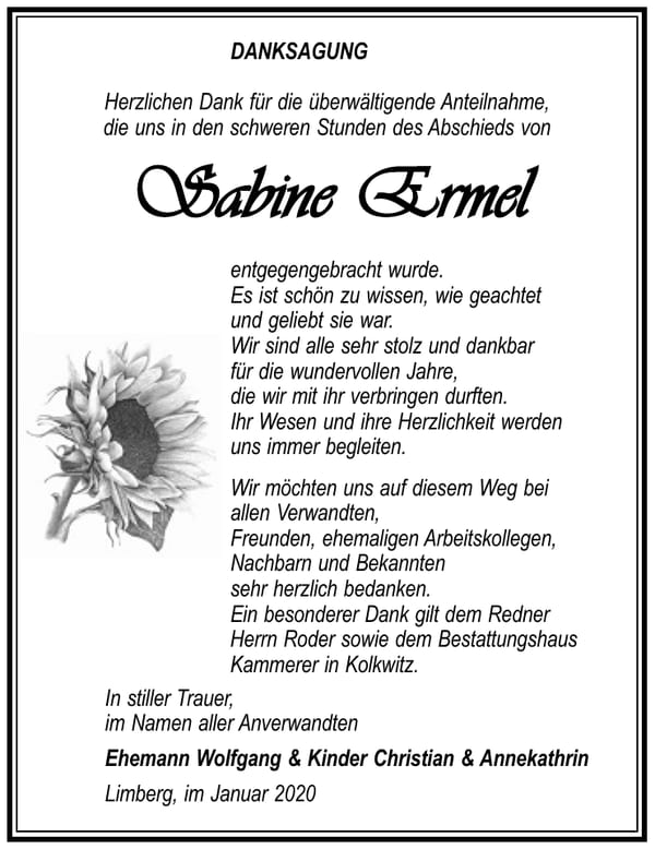 Danksagung Sabine Ermel