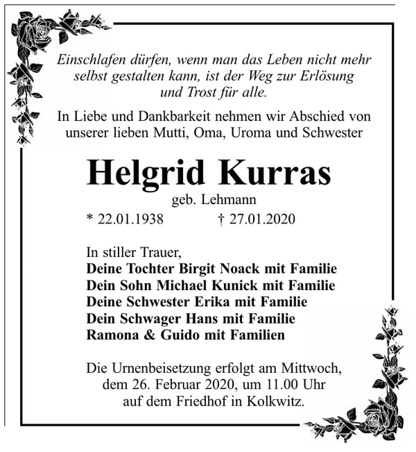 Traueranzeige Helgrid Kurras, geb. Lehmann