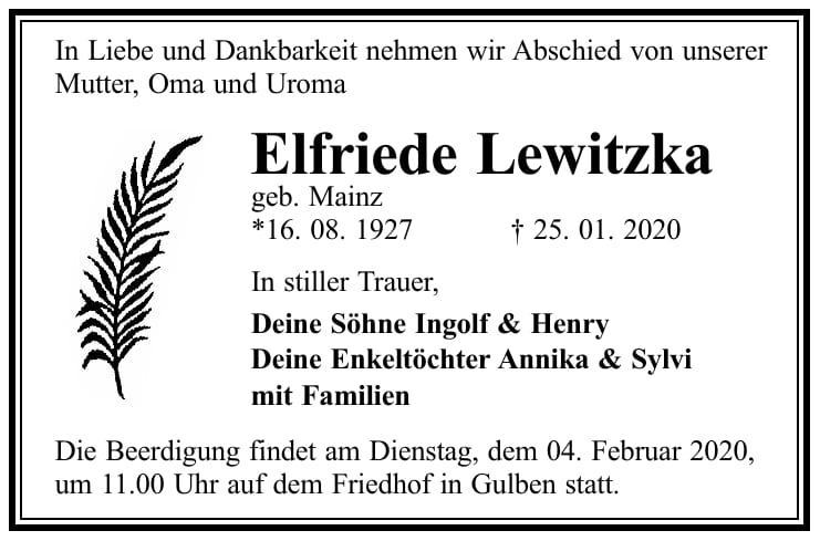 Traueranzeige Elfriede Lewitzka, geb. Mainz