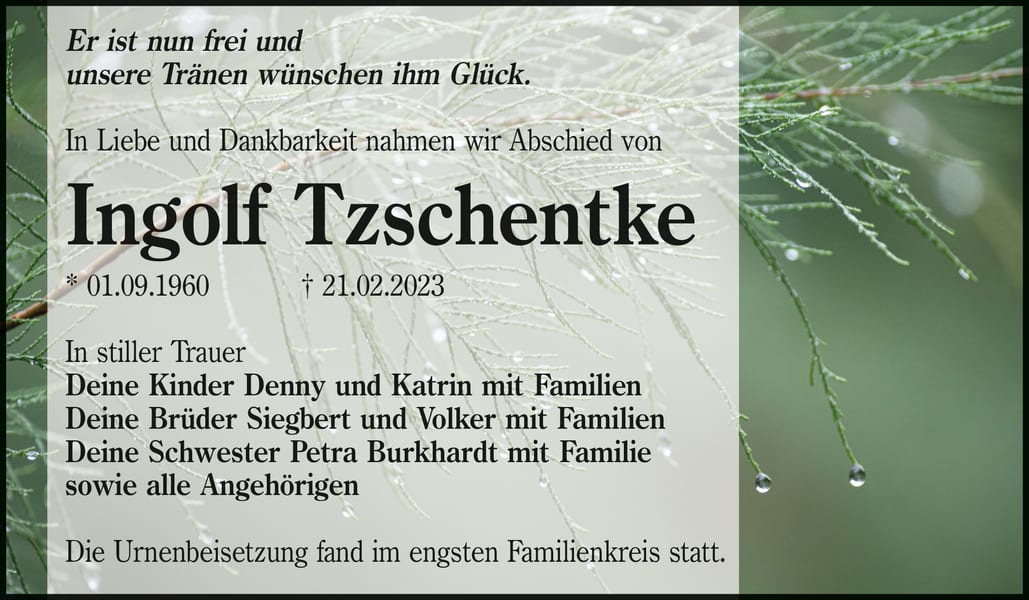 Traueranzeige Ingolf Tzschentke