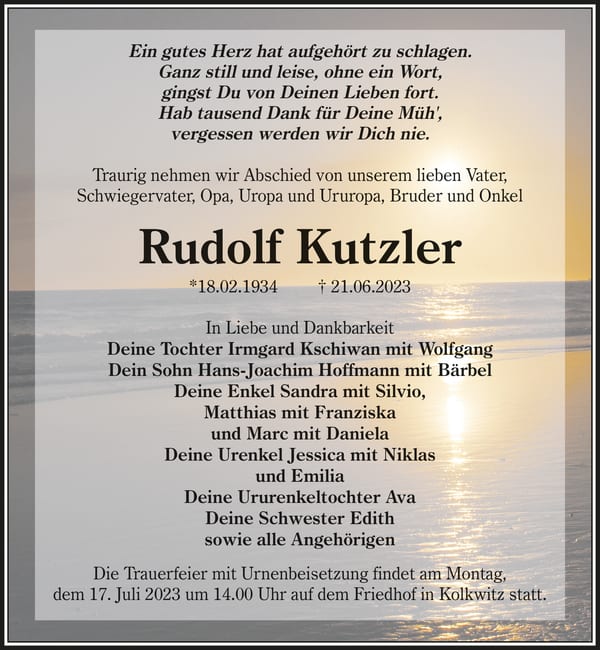 Traueranzeige Rudolf Kutzler
