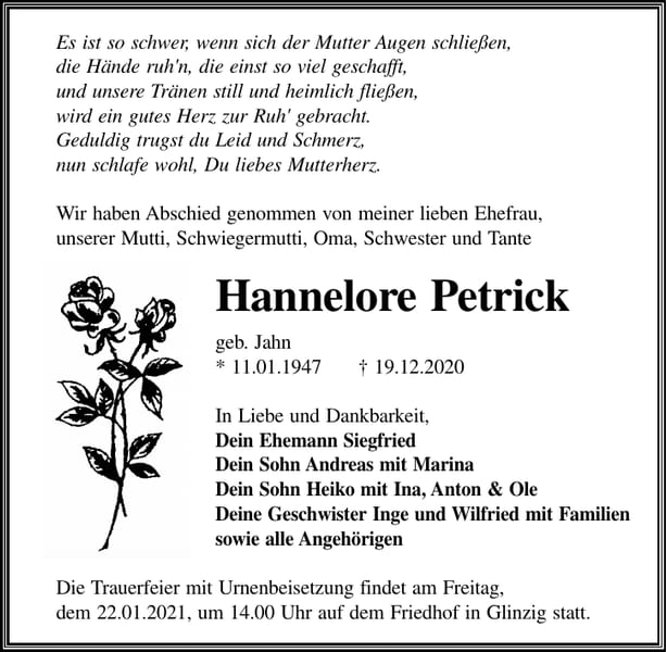 Traueranzeige Hannelore Petrick, geb. Jahn