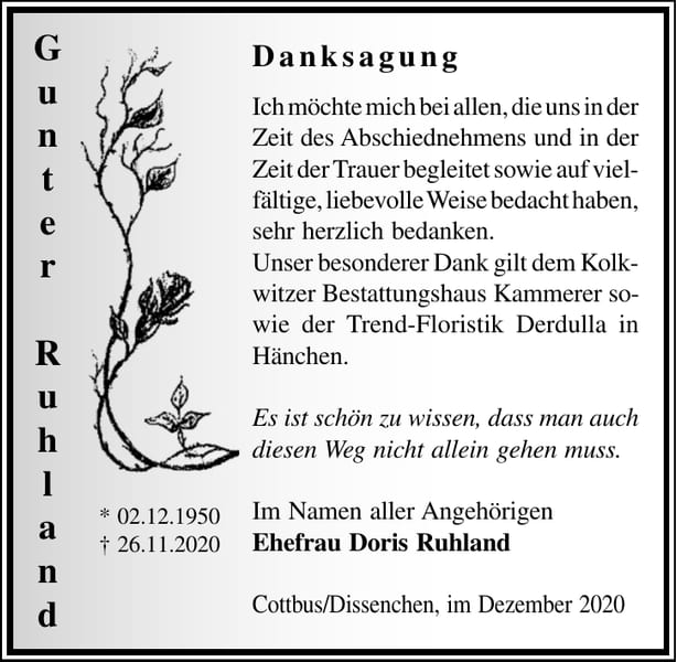 Danksagung Ehefrau Doris Ruhland