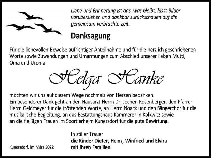Danksagung Helga Hanke