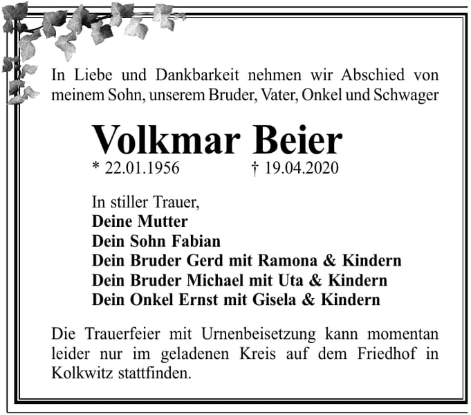 Traueranzeige Volkmar Beier