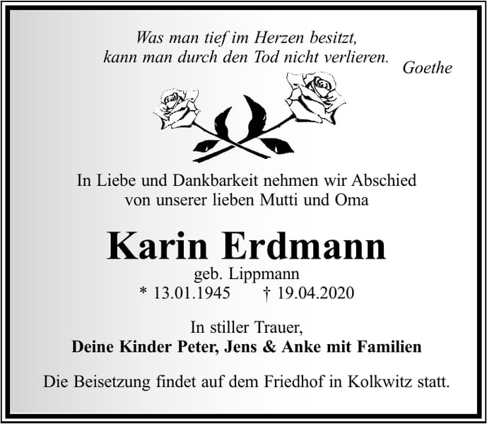 Traueranzeige Karin Erdmann, geb. Lippmann