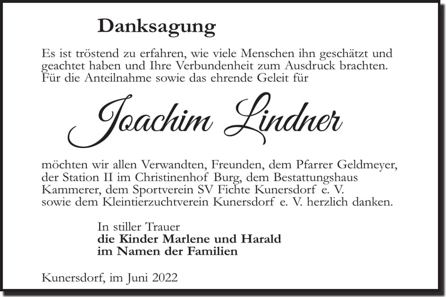 Danksagung Joachim Lindner